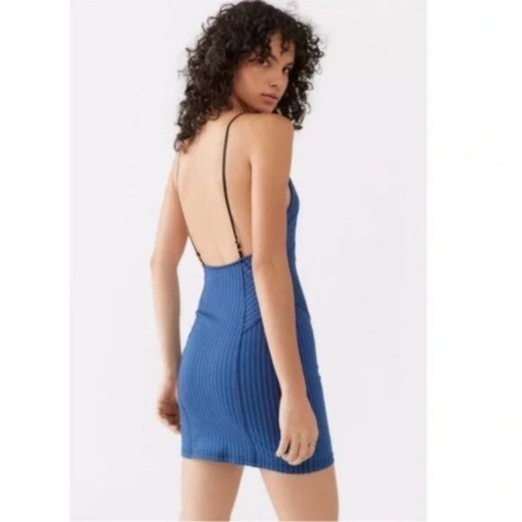 Urban Outfitters | Complex High Neck Mini Dress Blue Multi Pinstripe Stretch New - Picture 10 of 15
